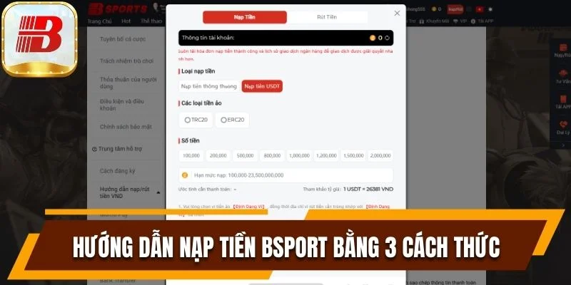 Hướng Dẫn Nạp Tiền Bsport Qua Từng Phương Thức Cụ Thể 4 Hướng dẫn nạp tiền tại nhà cái với 3 phương thức cụ thể